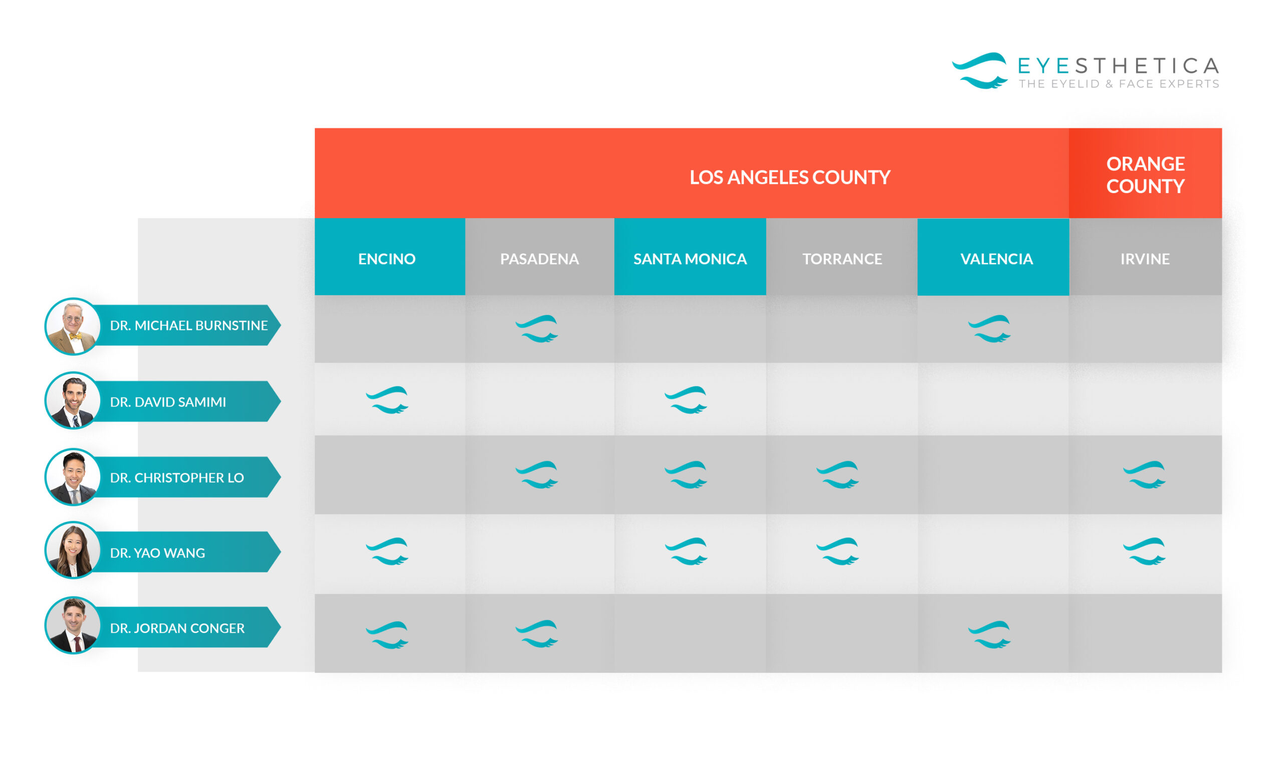 Design Table View of Doctors and their Locations - white background 2 Eyesthetica doctors and locations chart